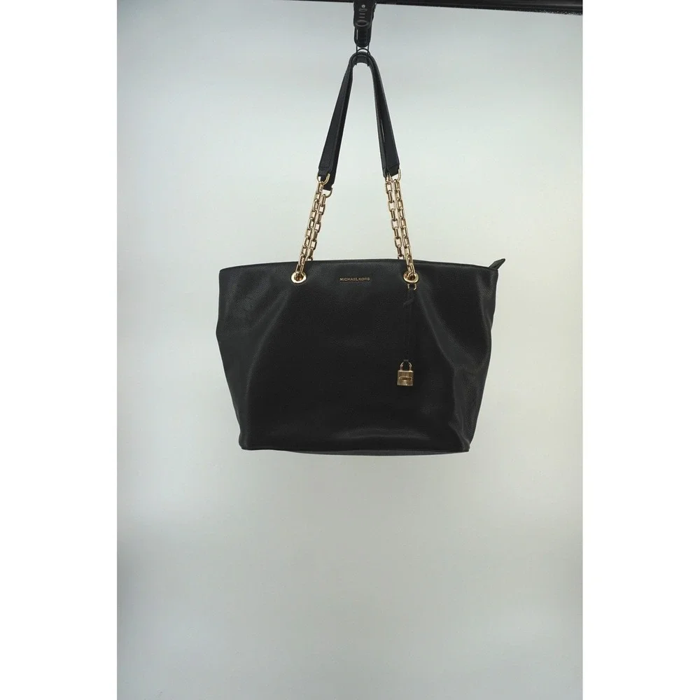 Michael Kors Tote Bag Pebbled Leather Gold Chain Old Money Padlock Black Large